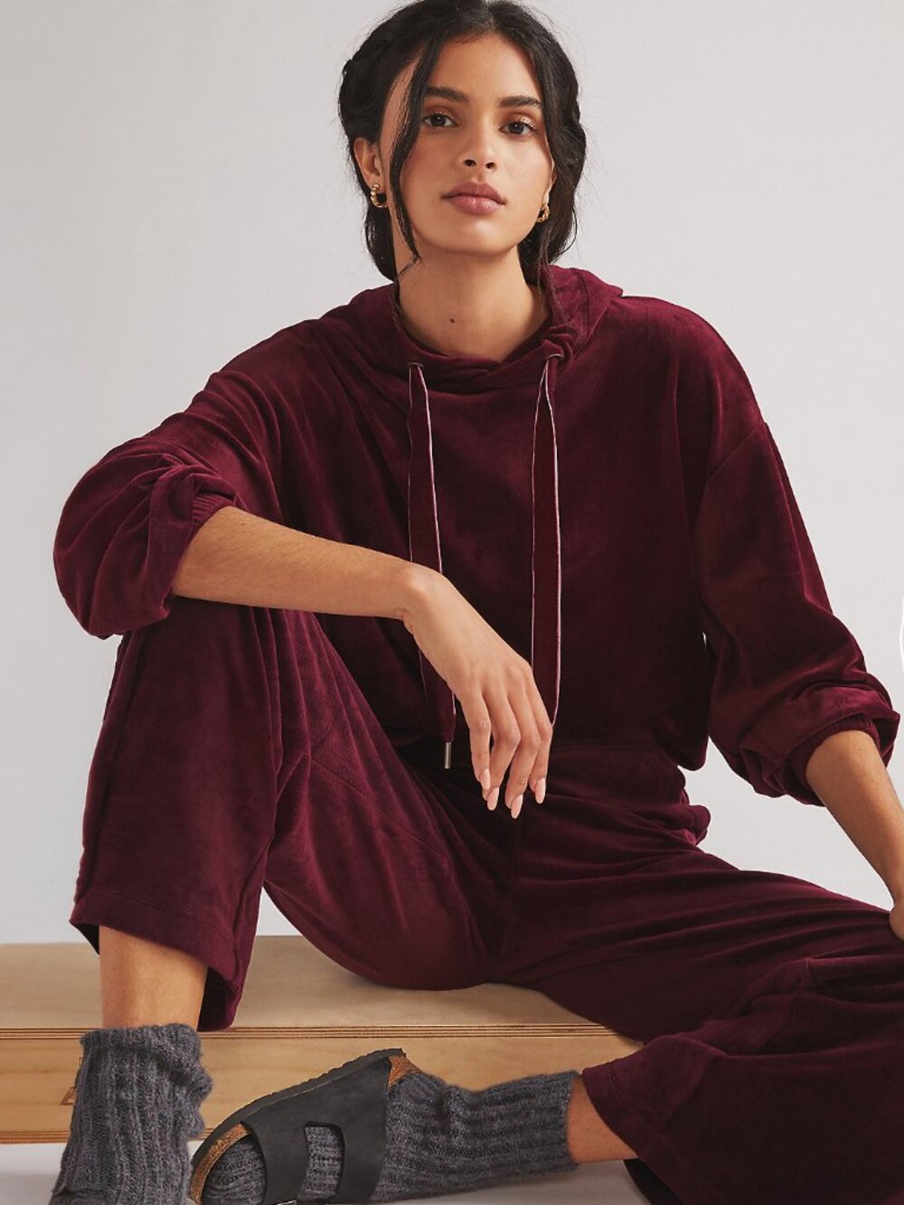 Anthropologie Daily Practice Velour Hoodie in Plum - sz XS